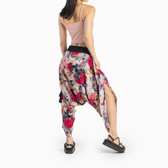 Flap Harem Pant Open Side Tasseled Drawstring Yoga Travel Beach Floral Pink Kira - Picture 2 of 12